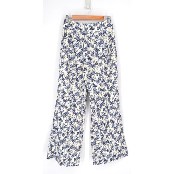 Chelsea & Violet Floral Wide Pants Button Fly Cotton Linen Blue White Women's 4 - Picture 3 of 9
